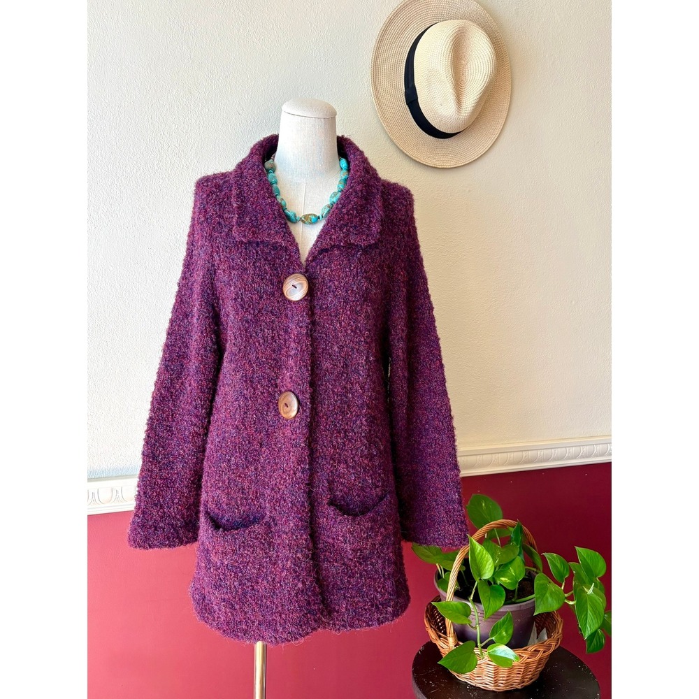 Tey Art Alpaca Wool‎ Blend Boucle Knit Cardigan Coat Purple Burgundy Handmade M
